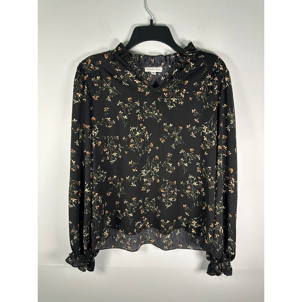 Ophelia Roe Blouse Womens M Black Floral Long Sleeve Ruffle Neck Polyester